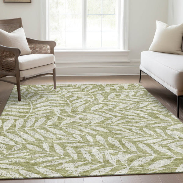 HomeRoots 10' Artichoke Green & Beige Floral Washable Area Rug - UV Protected, Perfect for High-Traffic Spaces 671420