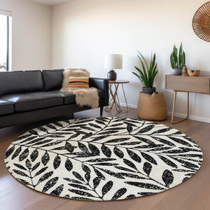 HomeRoots 8' Black and Beige Floral Washable Round Rug – Stylish, Durable, and UV-Protected for Any Room 671423