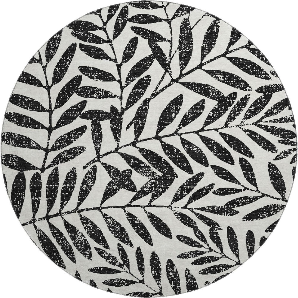 HomeRoots 8' Black and Beige Floral Washable Round Rug – Stylish, Durable, and UV-Protected for Any Room 671423
