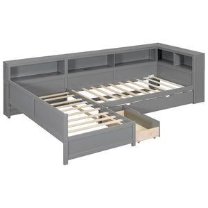 English Elm Wood Twin L-shaped Platform Bed Trundle Shelves Charging Station Kids Room Grey N7090001045E-1