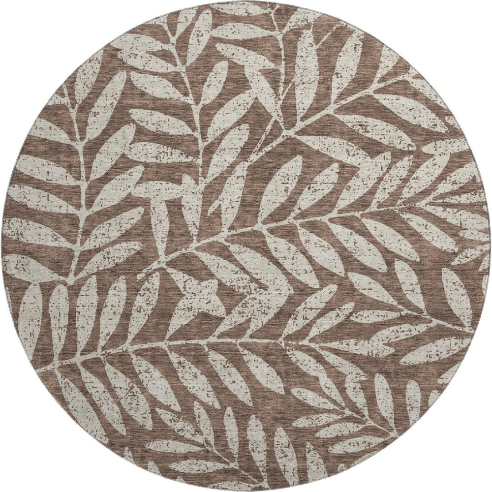 HomeRoots 8' Brown And Beige Floral Round Area Rug - Washable, UV Protected, Durable Design for Busy Homes 671435