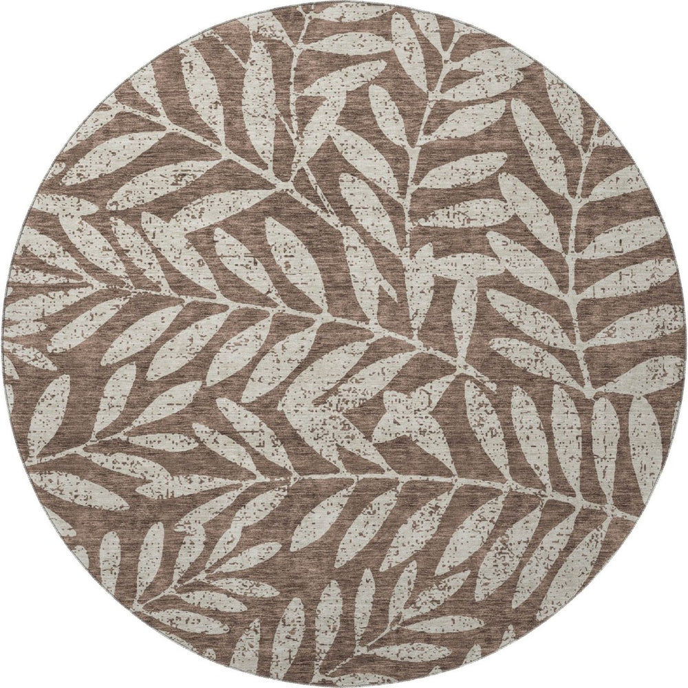 HomeRoots 8' Brown And Beige Floral Round Area Rug - Washable, UV Protected, Durable Design for Busy Homes 671435