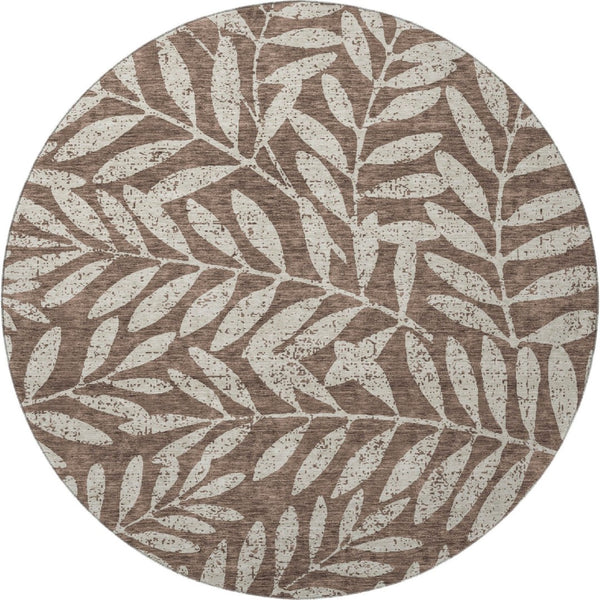 HomeRoots 8' Brown And Beige Floral Round Area Rug - Washable, UV Protected, Durable Design for Busy Homes 671435