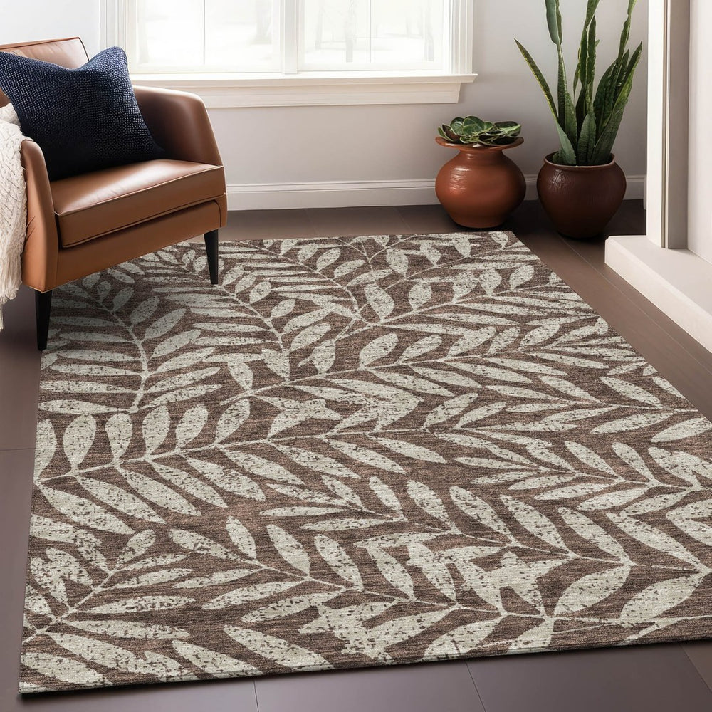 HomeRoots 8' X 10' Elegant Brown & Beige Floral Washable Rug with UV Protection for Stylish Living Spaces 671436