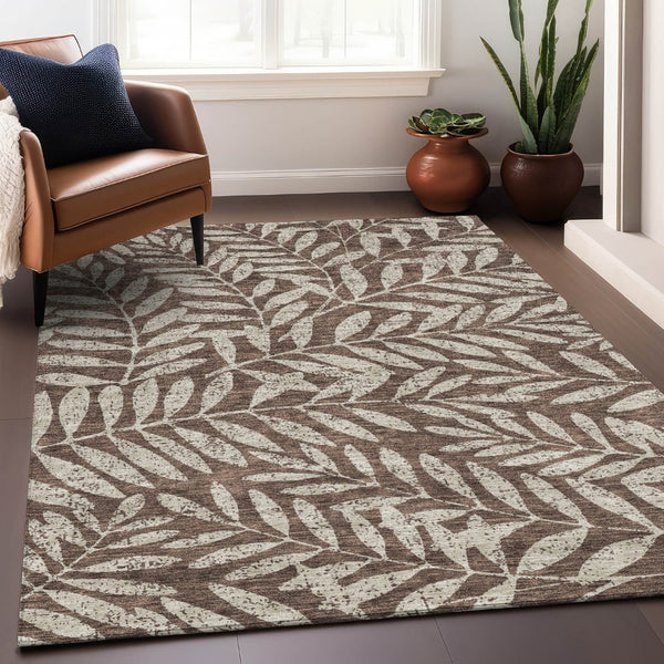 HomeRoots 9' X 12' Brown and Beige Floral Area Rug - Washable, UV Protected, Durable & Stylish for Any Room 671437
