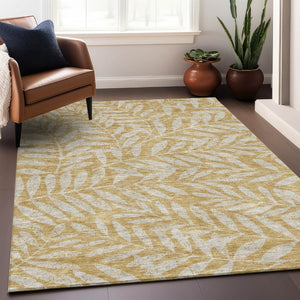 HomeRoots 9' X 12' Gold And Ivory Floral Area Rug - Washable, UV Protected, Durable Design for Any Space 671443