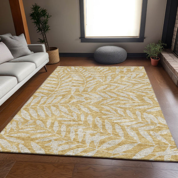 HomeRoots 10' X 14' Gold And Ivory Floral Area Rug - Stain-Resistant, UV Protected, Perfect for Busy Homes! 671444