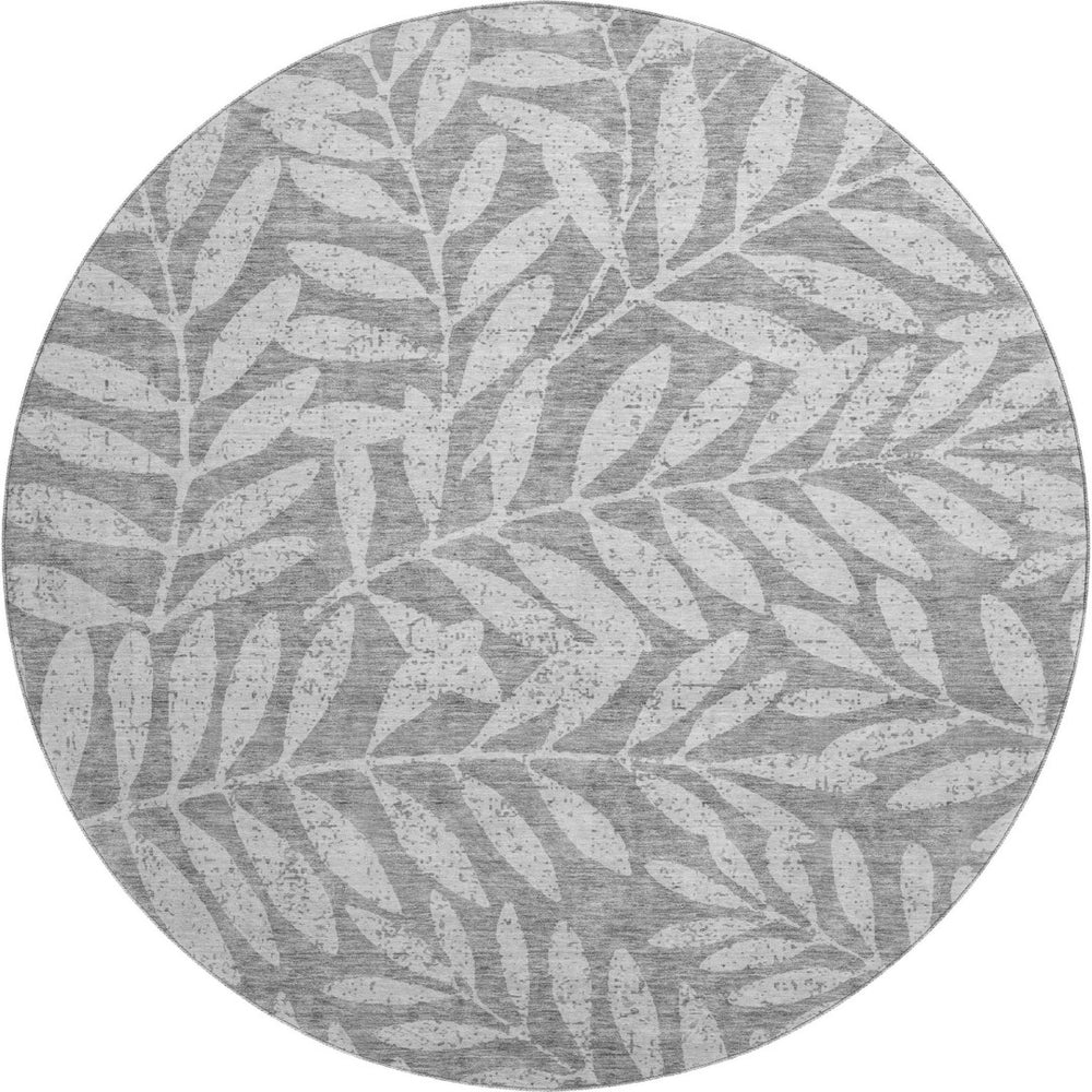 HomeRoots 8' Gray and Silver Floral Round Rug - Washable, UV-Protected, Durable Design for High-Traffic Homes 671447