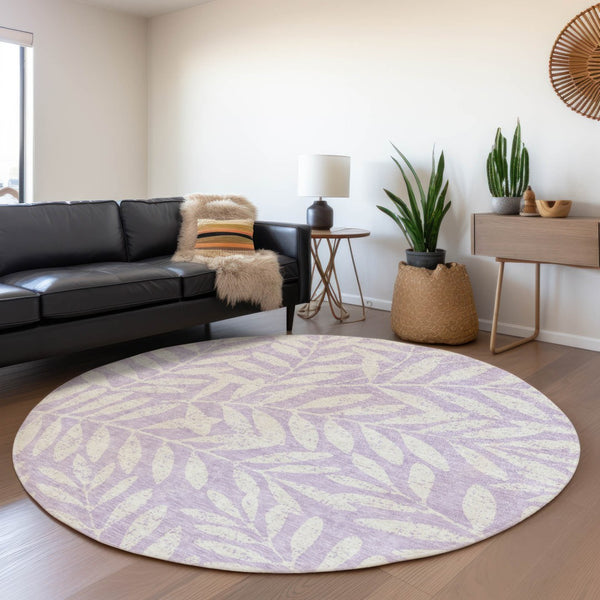 HomeRoots 8' Lavender And Ivory Floral Round Rug - Durable, Washable, UV-Protected for Homes with Kids & Pets 671465
