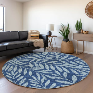 HomeRoots 8' Navy Blue & Sky Blue Floral Round Rug - Washable, UV Protected, Durable for High-Traffic Areas 671471