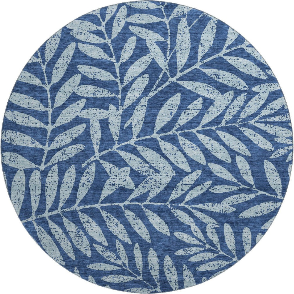 HomeRoots 8' Navy Blue & Sky Blue Floral Round Rug - Washable, UV Protected, Durable for High-Traffic Areas 671471