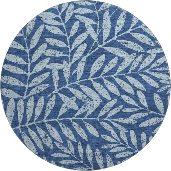 HomeRoots 8' Navy Blue & Sky Blue Floral Round Rug - Washable, UV Protected, Durable for High-Traffic Areas 671471