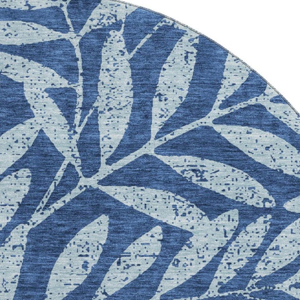 HomeRoots 8' Navy Blue & Sky Blue Floral Round Rug - Washable, UV Protected, Durable for High-Traffic Areas 671471