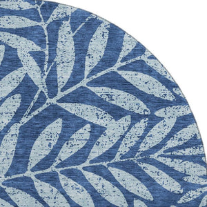 HomeRoots 8' Navy Blue & Sky Blue Floral Round Rug - Washable, UV Protected, Durable for High-Traffic Areas 671471