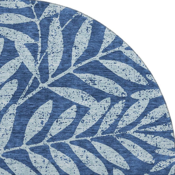 HomeRoots 8' Navy Blue & Sky Blue Floral Round Rug - Washable, UV Protected, Durable for High-Traffic Areas 671471