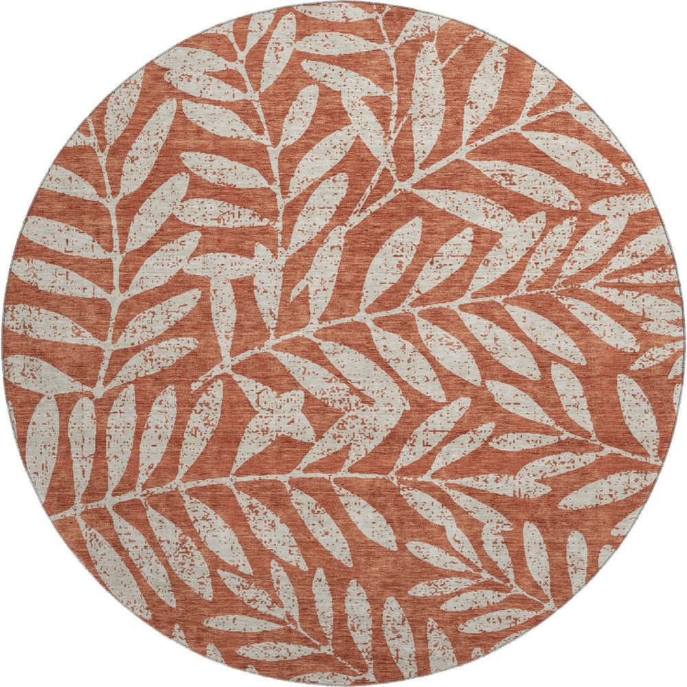 HomeRoots 8' Washable Round Rug with Rust and Beige Floral Design – Durable, UV-Protected, Ideal for Busy Homes 671477