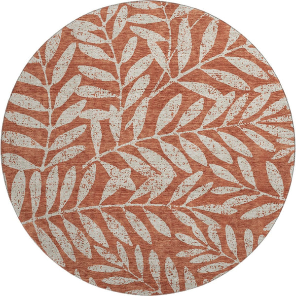 HomeRoots 8' Washable Round Rug with Rust and Beige Floral Design – Durable, UV-Protected, Ideal for Busy Homes 671477