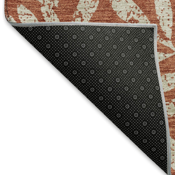 HomeRoots 8' Washable Round Rug with Rust and Beige Floral Design – Durable, UV-Protected, Ideal for Busy Homes 671477