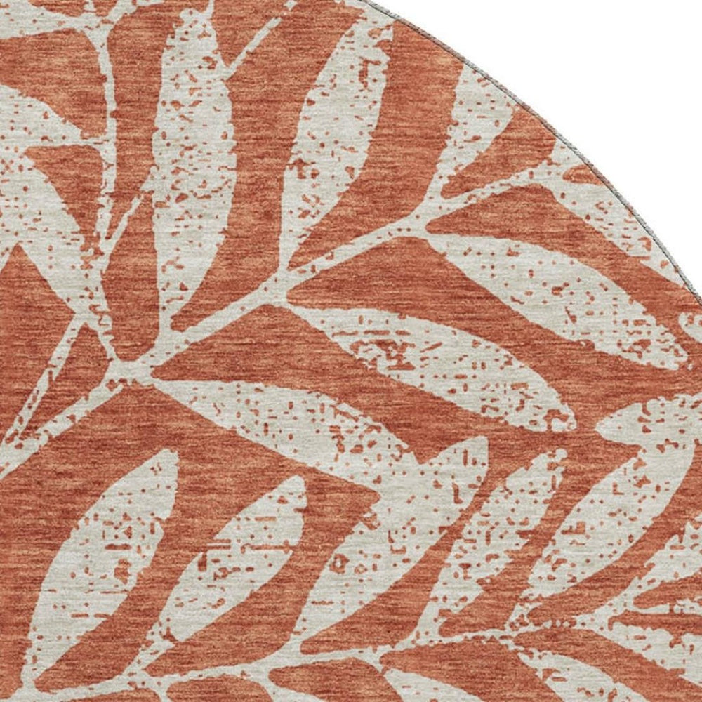 HomeRoots 8' Washable Round Rug with Rust and Beige Floral Design – Durable, UV-Protected, Ideal for Busy Homes 671477