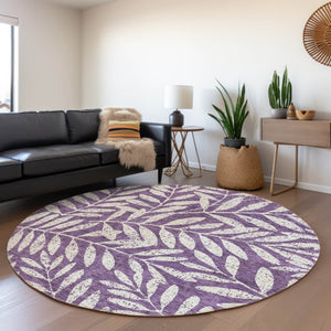 HomeRoots 8' Elegant Floral Washable Round Rug in Purple & Ivory - UV Protected, Durable, & Stain-Resistant 671483