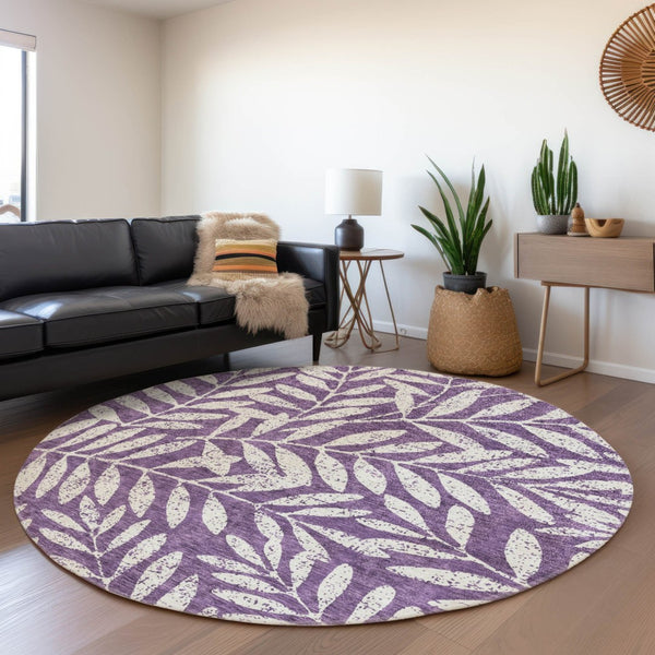 HomeRoots 8' Elegant Floral Washable Round Rug in Purple & Ivory - UV Protected, Durable, & Stain-Resistant 671483
