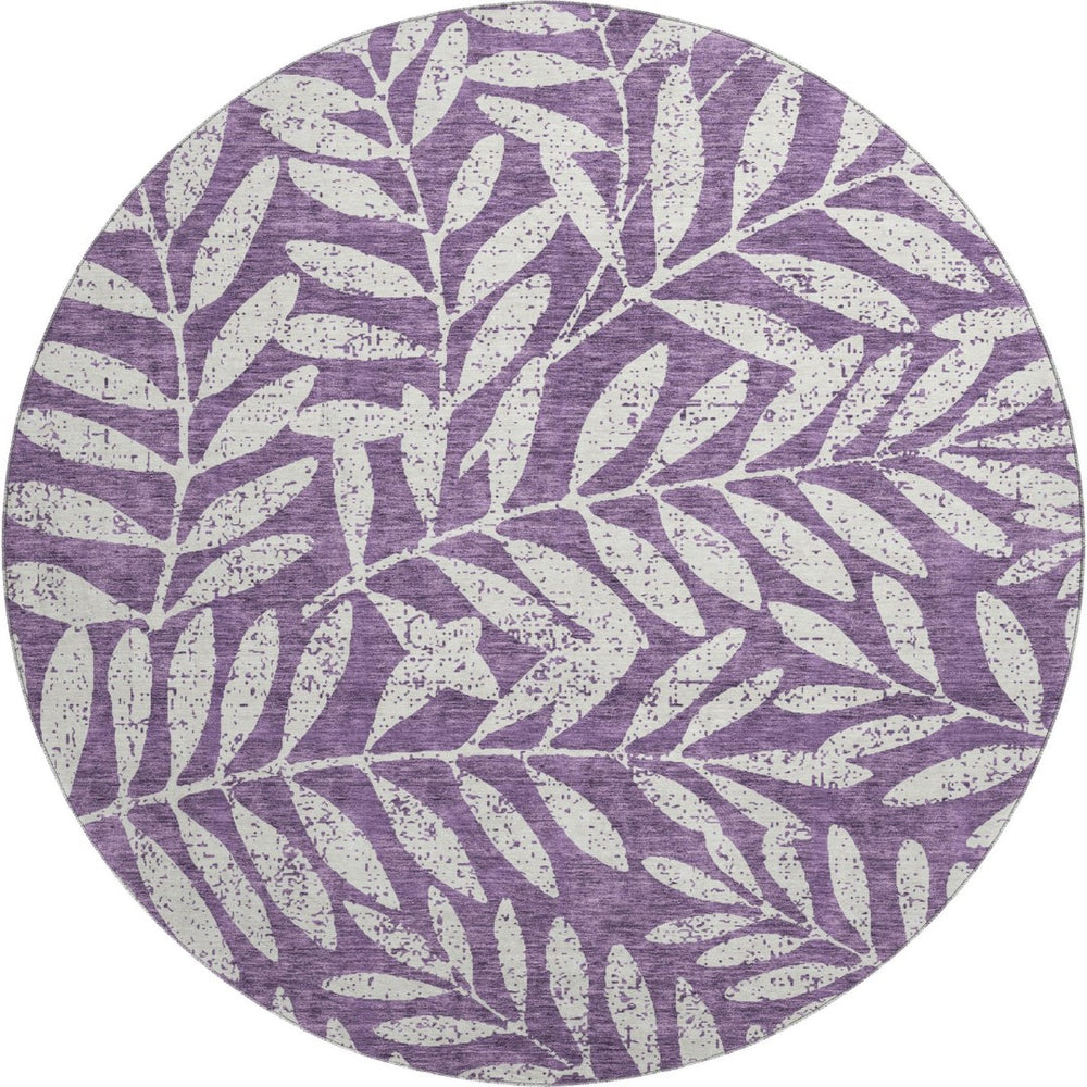 HomeRoots 8' Elegant Floral Washable Round Rug in Purple & Ivory - UV Protected, Durable, & Stain-Resistant 671483