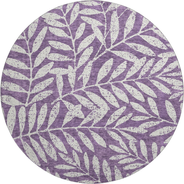 HomeRoots 8' Elegant Floral Washable Round Rug in Purple & Ivory - UV Protected, Durable, & Stain-Resistant 671483