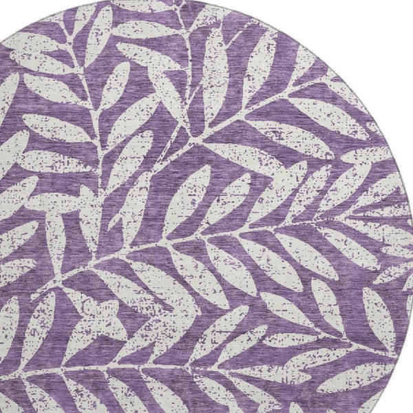 HomeRoots 8' Elegant Floral Washable Round Rug in Purple & Ivory - UV Protected, Durable, & Stain-Resistant 671483