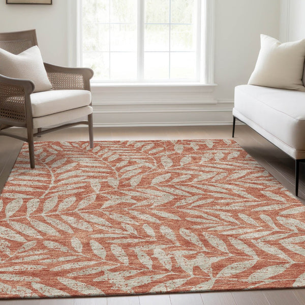 HomeRoots 5' X 8' Salmon and Beige Floral Area Rug - Washable, UV-Protected, Durable, Perfect for Families! 671488