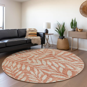 HomeRoots 8' Salmon and Beige Floral Washable Round Rug with UV Protection for Stylish, Busy Homes and Kids 671489