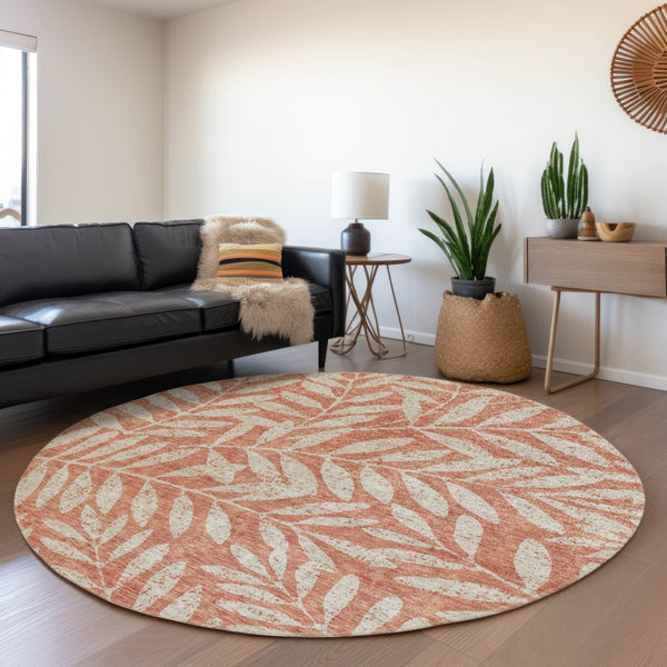 HomeRoots 8' Salmon and Beige Floral Washable Round Rug with UV Protection for Stylish, Busy Homes and Kids 671489