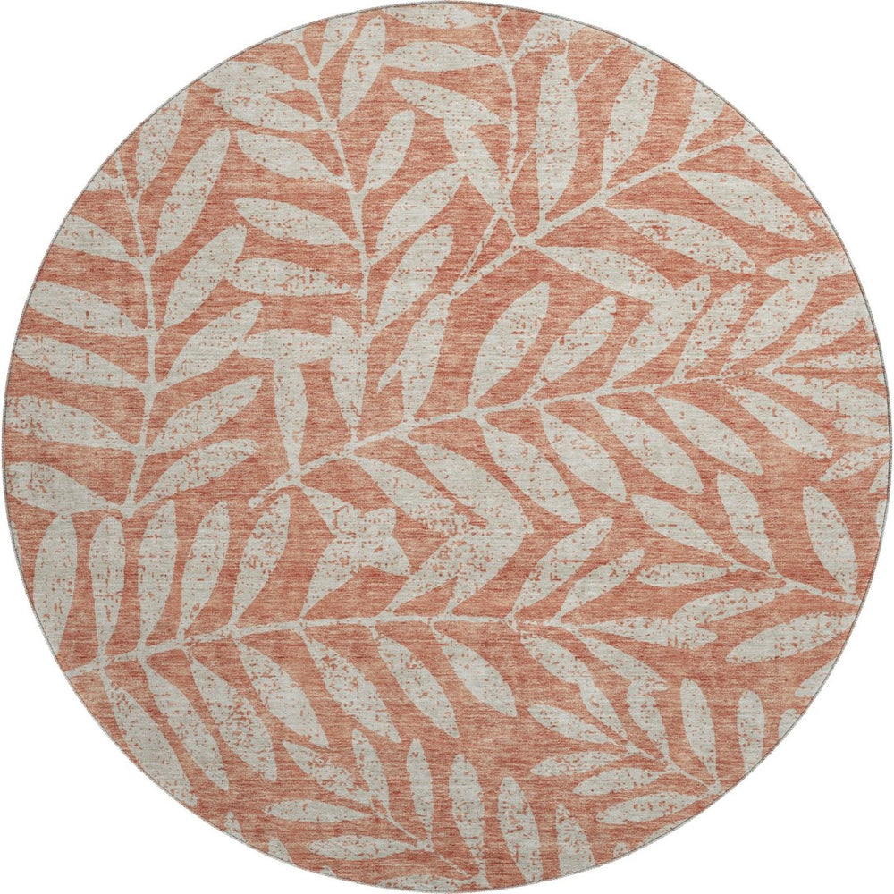 HomeRoots 8' Salmon and Beige Floral Washable Round Rug with UV Protection for Stylish, Busy Homes and Kids 671489