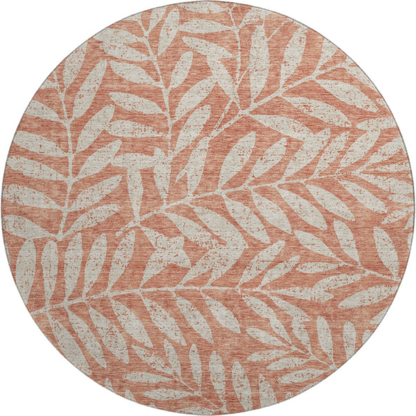 HomeRoots 8' Salmon and Beige Floral Washable Round Rug with UV Protection for Stylish, Busy Homes and Kids 671489