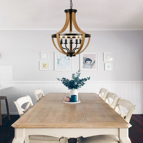 English Elm 5-Light Farmhouse Chandelier Vintage Geometric Wooden Frame Metal Fixture for Dining Room Foyer Brown W2738P242327
