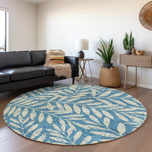 HomeRoots 8' Teal and Beige Floral Round Rug - Washable, UV Protected, Stain-Resistant for Busy Homes & Style 671501
