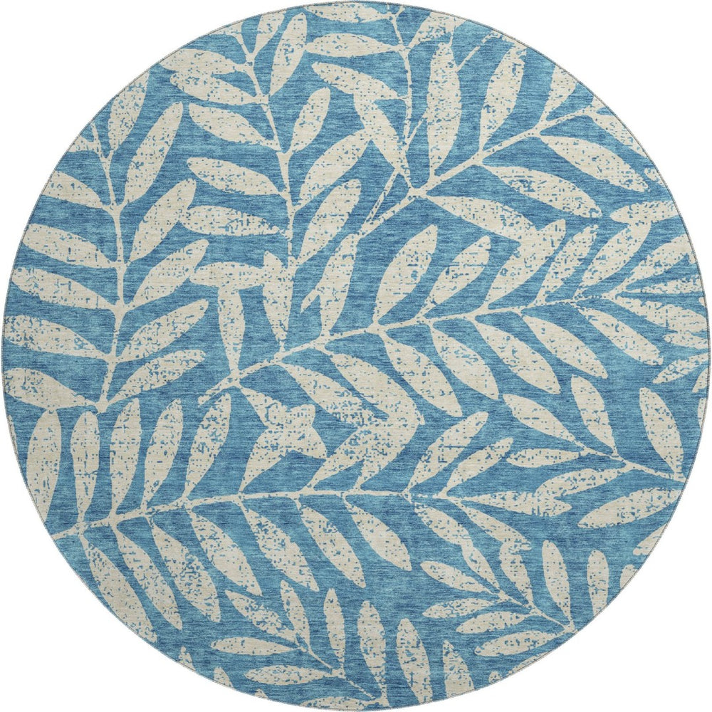 HomeRoots 8' Teal and Beige Floral Round Rug - Washable, UV Protected, Stain-Resistant for Busy Homes & Style 671501