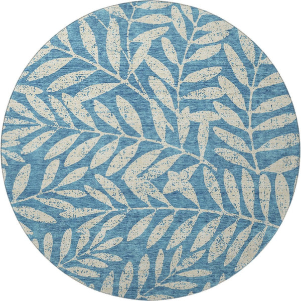 HomeRoots 8' Teal and Beige Floral Round Rug - Washable, UV Protected, Stain-Resistant for Busy Homes & Style 671501