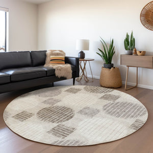 HomeRoots 8' Beige Ivory Taupe Geometric Washable Round Rug – Durable, Stylish, Stain-Resistant, UV Protected! 671507