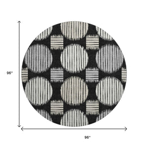 HomeRoots 8' Black and Ivory Geometric Washable Round Rug – UV Protected, Durable & Perfect for High Traffic Areas 671513