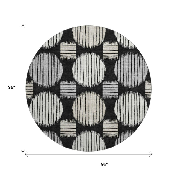 HomeRoots 8' Black and Ivory Geometric Washable Round Rug – UV Protected, Durable & Perfect for High Traffic Areas 671513