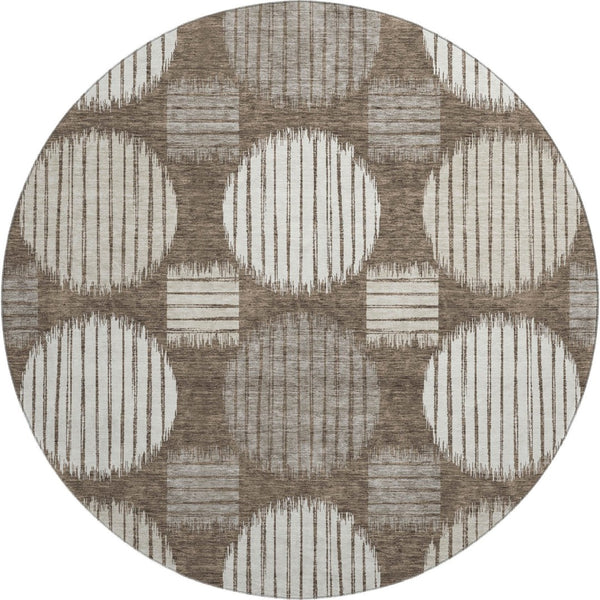 HomeRoots 8' Brown And Ivory Geometric Round Rug - Washable, UV Protected, Durable for High-Traffic Spaces 671519