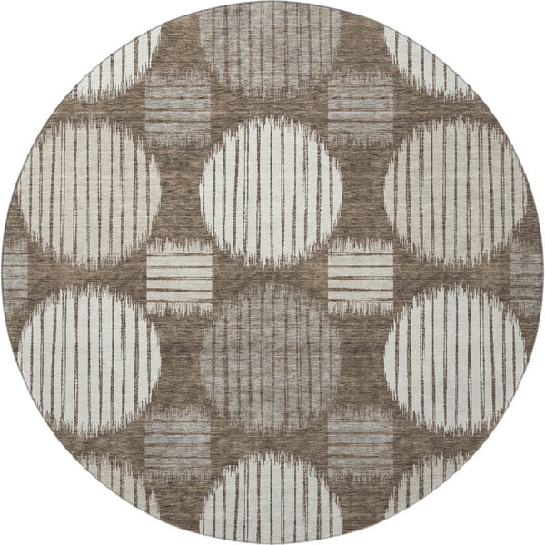 HomeRoots 8' Brown And Ivory Geometric Round Rug - Washable, UV Protected, Durable for High-Traffic Spaces 671519