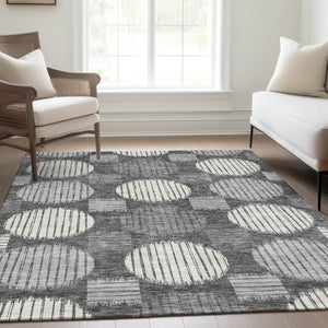 HomeRoots 8' X 10' Charcoal & Ivory Geometric Washable Area Rug - Durable, UV-Protected, Modern Design for Home 671526