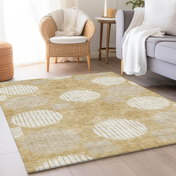 HomeRoots 10' Geometric Gold & Ivory Washable Area Rug – Durable, Stain-Resistant, UV Protected for Busy Homes 671534