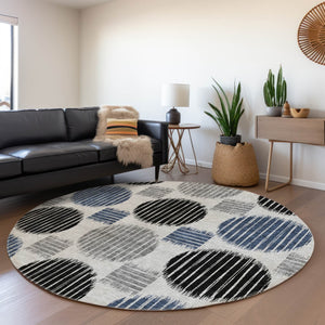 HomeRoots 8' Geometric Gray Blue and Silver Round Rug - Stylish, Washable, UV Protected for Family Spaces 671537