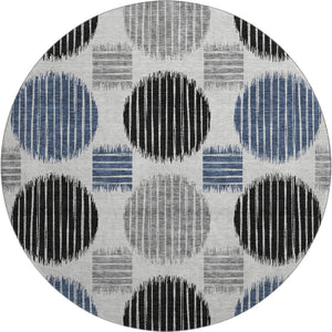 HomeRoots 8' Geometric Gray Blue and Silver Round Rug - Stylish, Washable, UV Protected for Family Spaces 671537