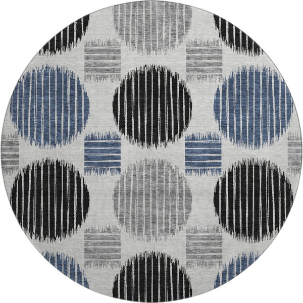 HomeRoots 8' Geometric Gray Blue and Silver Round Rug - Stylish, Washable, UV Protected for Family Spaces 671537