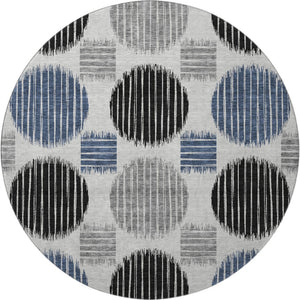 HomeRoots 8' Geometric Gray Blue and Silver Round Rug - Stylish, Washable, UV Protected for Family Spaces 671537