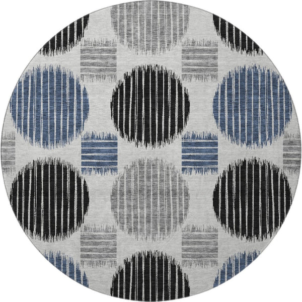 HomeRoots 8' Geometric Gray Blue and Silver Round Rug - Stylish, Washable, UV Protected for Family Spaces 671537