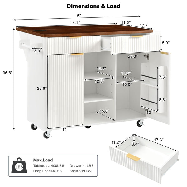 English Elm K&k Fluted Rolling Kitchen Island Faux Marble Top Power Outlet Drop Leaf Storage White N707S000019W